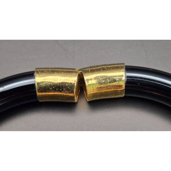 Vintage Black Glass and Goldtone Hinged Bangle Bracelet Chinese Export - Picture 7 of 9